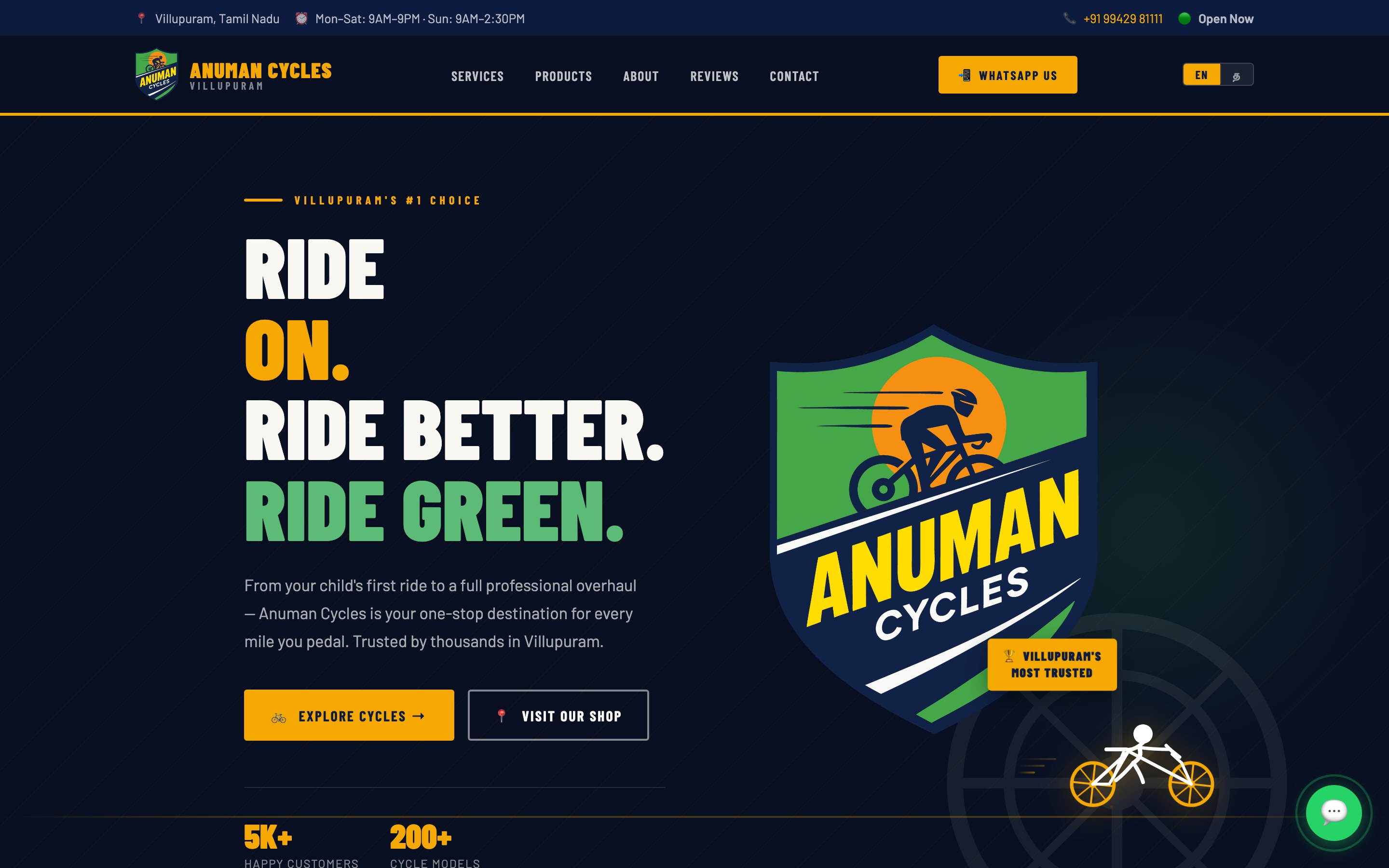 Screenshot of the Anuman Cycles website homepage on desktop