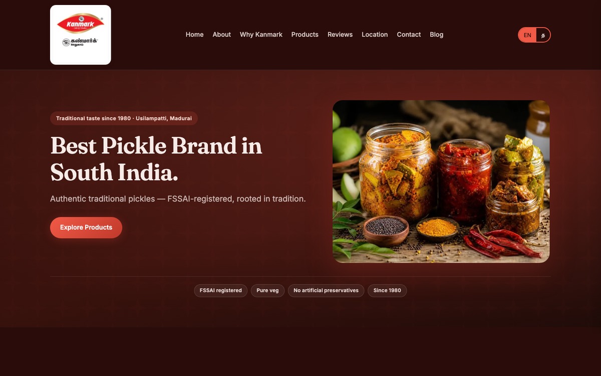 Screenshot of the Kanmark Pickles website homepage on desktop