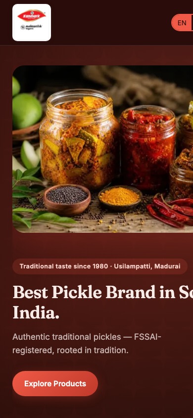 Screenshot of the Kanmark Pickles website on a mobile phone